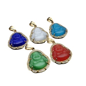 Maitreya Buddha Pendant Stainless Steel Gold Plated Rhinestone Inlay Green Cat's Eye Stone Unisex Necklace Gift - Product Image 5