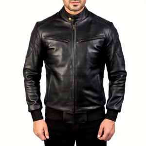 Chaqueta Bomber de Cuero Genuino Negro para Hombre con Cuello de Botones, Bolsillos con Cremallera en el Pecho, Piel de Oveja, Estilo Cafe Racer, Bajo Acanalado Personalizado, Prenda Exterior - Product Image 1