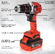 Perceuse à percussion 21V sans balais, mandrin 13mm, batterie 3.0Ah, rouge et noir, outil électrique professionnel pour usage domestique - Product Image 3