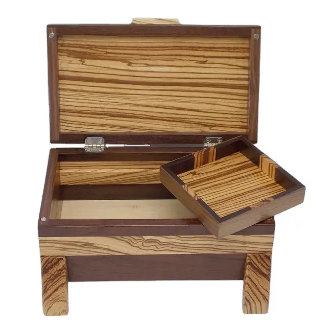 Hardwood jewelry box made of walnut and zebra wood by hand, wooden treasure box with tray for men's valet box