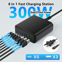 Cargador Rápido GaN de 300W con USB 5C+ 3A, Estación de Carga GaN de 8 Puertos, Cargador de Pared Portátil con PD, Adaptador de Corriente para iPhone y Samsung