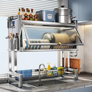 Escurridor de Cocina de Acero Inoxidable con Tapa Abatible, Secado Rápido, Estante de Almacenamiento Multifuncional para Fregadero, para Tazones, Palillos y Vajilla - Product Image 1