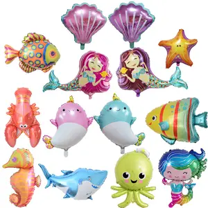 卡通海洋动物铝箔气球海狮鲸鱼气球孩子们喜欢河豚贝壳箔气球