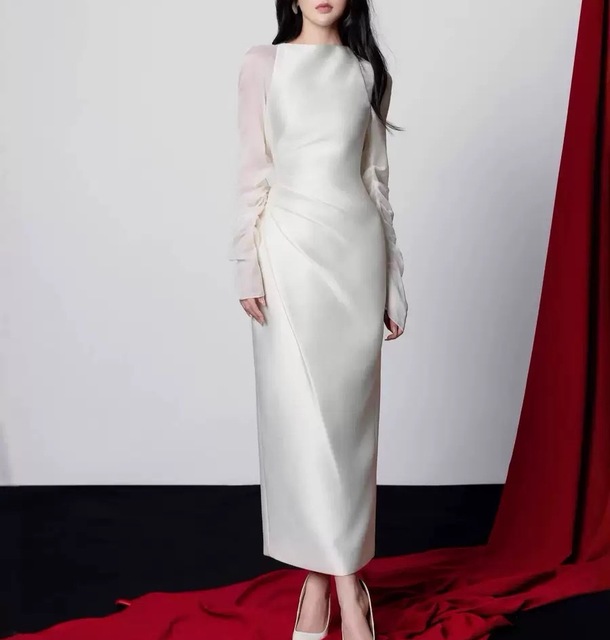 2026 New Arrival White Satin Long Sleeve Midi Dress Sheer Ruffle Sleeve Ruched Waist Bodycon Dress Women Luxury Evening Gown