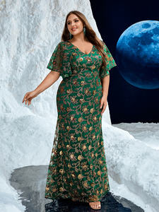 Yaz artı boyutu rastgele kesim tasarım anlamda v yaka çiçek dantel boncuklu işlemeli fırfır kollu bir kaplı zarif balo akşam elbise - Product Image 6