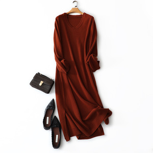 OEM/ODM Pull-over décontracté en laine de cachemire à encolure en O pour femmes, <span class=keywords><strong>robe</strong></span> en tricot mince et ample pour femmes, surdimensionné avec fente, fabricant - Product Image 3