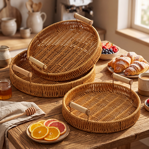 Cesta Redonda de Mimbre Sintético con Acabado Lacado, Tejida a Mano, para Servir Pan, Frutas, Pasteles y Comida en la Mesa de Cocina (Venta al Por Mayor, 1 Pieza) - Product Image 1
