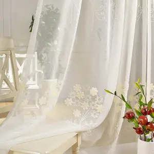 ผ้าม่านหน้าต่างผ้าโปร่งปักลายดอกไม้,สไตล์ชนบทสีขาวสำหรับห้องนอน