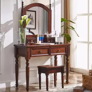 Cômoda de madeira maciça estilo americano personalizada com espelho penteadeira clássica com cadeira conjunto de móveis para quarto principal