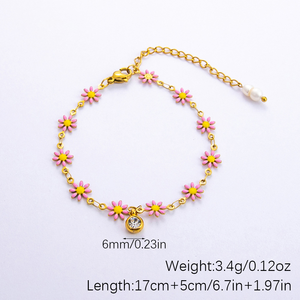 Ins Moda Mujer Trendy 18K Chapado en oro Pulsera de acero inoxidable Jardín Multicolor Esmalte Margarita Flor Cadena - Product Image 6
