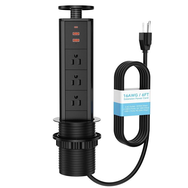 US Pop up Outlet for Countertop Pop up Socket With 3 AC Outlets 2 USB-A USB-C Ports, Pull Pop up Power Outlet for Kitchen Office