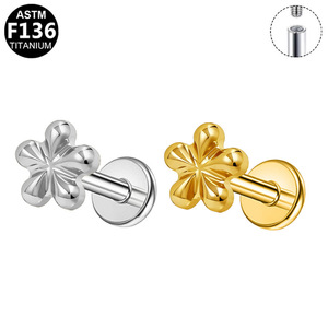 Boucles d'oreilles clous en titane motif fleur et cerf, bijoux de piercing unisexe ASTM F136, argent 925, doré et argenté - Product Image 5