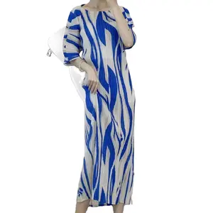 Miyake Pleated Women's Dress New Summer Half-sleeved Printed Fashion Dress Temperament One-collar Slim Dress