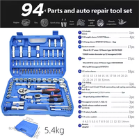 Kit d'outils de réparation automobile 61 pièces galvanisé avec clés à molette, clés à cliquet, tournevis et douilles, 30 kits, source OEM, mallette rigide