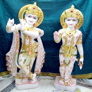 Escultura de piedra brillante hecha a mano de Radha Krishna, mármol blanco puro, para adoración del hogar - Product Image 1