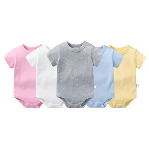 Barboteuse en coton pour bébés, grenouillère imprimée personnalisée à manches courtes, couleur unie