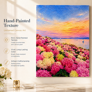 <span class=keywords><strong>Peinture</strong></span> à l'huile de bateau à voile au lever du soleil sur le lac, fleurs roses, côte, montagnes, nuages lumineux, reflets, toile peinte à la main - Product Image 2