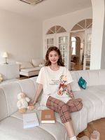 Ensemble de pyjama d'été OEM pour femme, 100 % coton, col rond, manches trois-quarts, doux, respirant, mignon, romantique, élégant, à carreaux, pour la maison