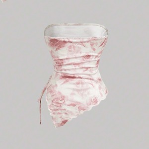 Haut court bustier rose vintage à motifs floraux, froncé sur les côtés avec cordon de serrage, ourlet asymétrique irrégulier, coupe ajustée, style décontracté pour les vacances - Product Image 3