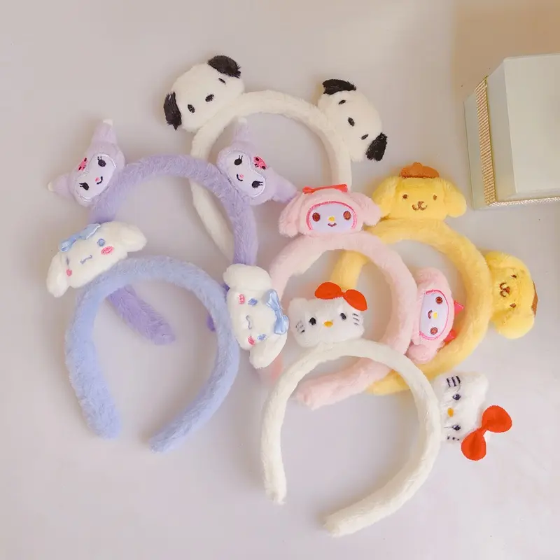 Nova bandana de pelúcia Kuromi/Kitty/My Melody para lavagem facial, acessório de inverno para cabelo de animais, bandana fofa de desenho animado para meninas