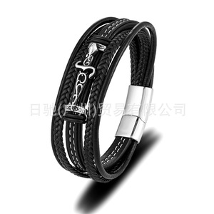 Pulsera Multicapa de Cuero Hecha a Mano con Colgante de Hacha de Acero Inoxidable, Joyería Vikinga Nórdica para Hombre, Regalo, 19CM 21CM 23CM - Product Image 2
