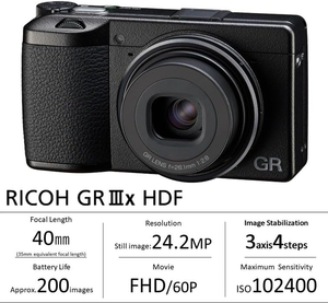 Appareil photo numérique compact RI COH GR IIIx HDF avec capteur CMOS APS-C de 24 MP, objectif GR 40 mm F2.8 (au format 35 mm) Capteur CMOS Mi - Product Image 2