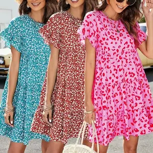 Summer Western Style Pink Leopard Cheetah Print Women's Dresses Fashion Loose Ruffles Short Sleeve Ladies A-Line Pattern Dress