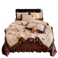 Ensemble de literie 4 pièces en velours de lait à imprimé floral à volants, couette et drap épais et moelleux double face pour la chambre à coucher en hiver