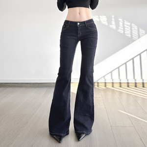 <b>Women</b> High Street <b>Vintage</b> Dark Blue Low Rise Flared <b>Jeans</b> Slim Fit Bell Bottom Denim Pants - Product Image 4
