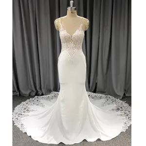 Stunning wedding dress Spaghetti Strap lace applique crepe fabric mermaid bridal gown