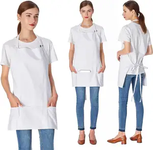 Avental de cozinha ajustável para cabeleireiro e barbeiro, avental curto branco com 3 bolsos, de alta qualidade