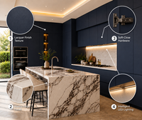 Ensemble d'armoires de cuisine de luxe KEJIA, finition bleu marine mat, avec îlot en marbre de luxe, modulaire, sans poignées