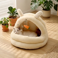 Lit pour chat en velours hollandais semi-fermé avec oreilles de lapin, lavable, fermeture éclair, nid pour animaux de compagnie