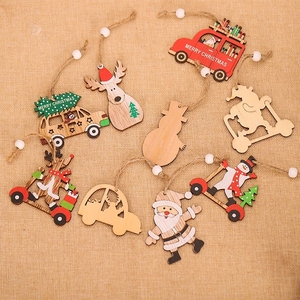 Ensemble de décorations pour arbre de Noël, voiture en bois avec Père Noël de dessin animé, ornements suspendus, décorations de Noël rustiques en bois naturel - Product Image 3