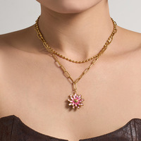 Kalung Liontin Bunga Resin Lapis Emas 18K Anti Alergi untuk Wanita, Rantai Baja Tahan Karat, Tahan Air, Desain Bertumpuk Ganda
