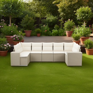 Conjunto de Sofá de Jardín de Ratán Sintético Beige, 6 Plazas, Resistente a la Intemperie, Muebles de Exterior de Diseño Contemporáneo - Product Image 2