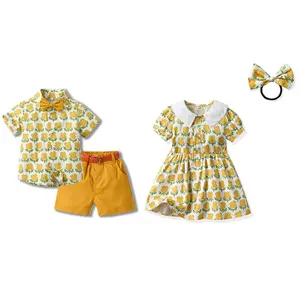 Family Matching Outfits Summer Cotton Brothers and Sister Babygirl Dress Printed Short with Belt Clothes Sets