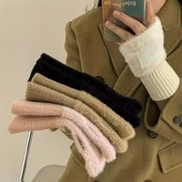 Gants d'hiver doux demi-doigts pour femmes, gants sans doigts tricotés en peluche blanche et chaude de luxe