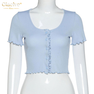 Clacive mujer <span class=keywords><strong>Top</strong></span> fibroso orillo de <span class=keywords><strong>una</strong></span> sola fila de botón Tops Sexy Color sólido Camiseta de <span class=keywords><strong>manga</strong></span> corta - Product Image 5