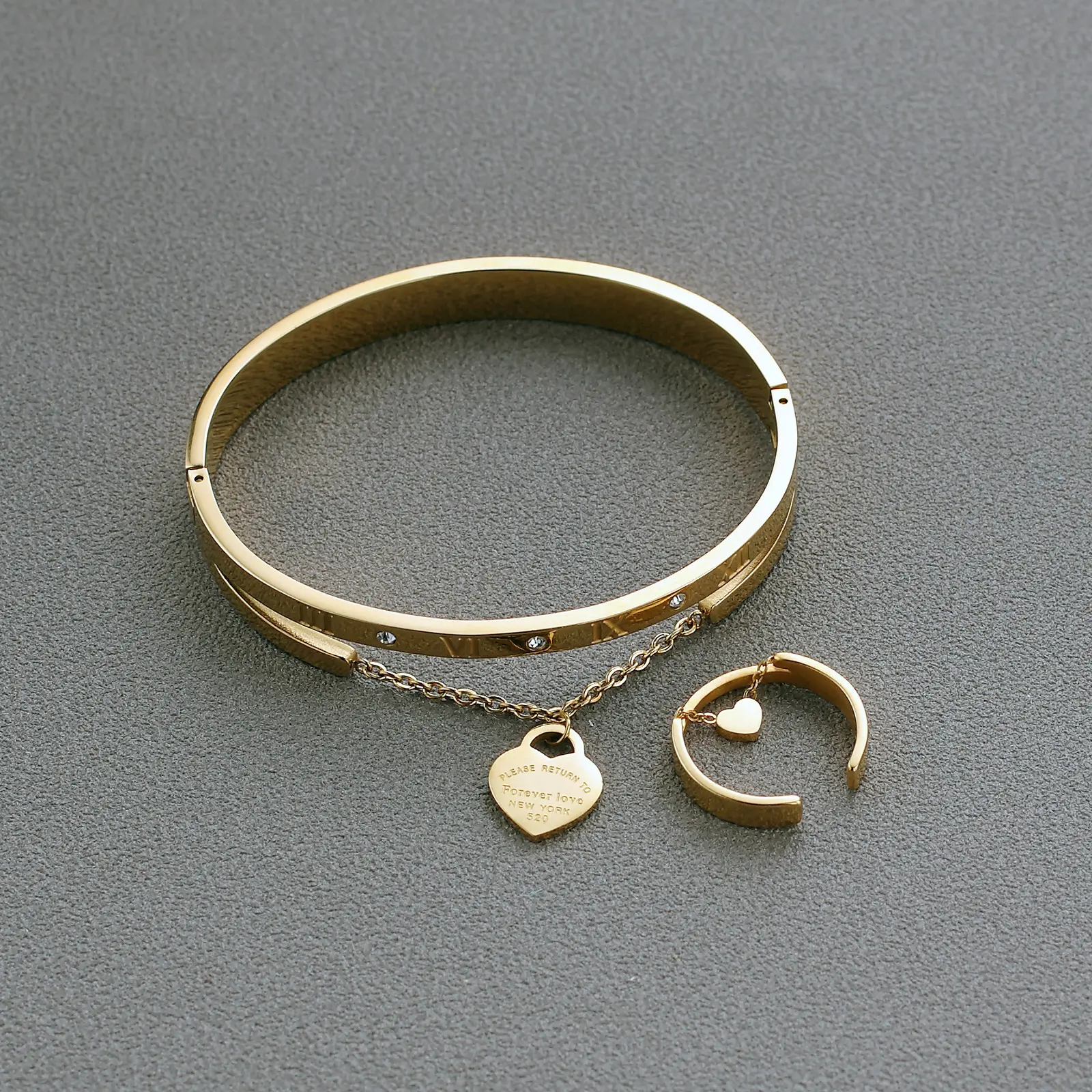 Conjunto de pulseira de zircônia cúbica, aço inoxidável, banhado a ouro, seta, joias, numerais romanos, coração, pulseira, conjunto de anel