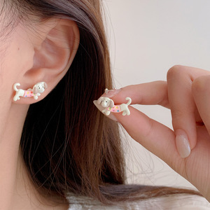 Boucles d'oreilles pour femmes, motif <span class=keywords><strong>chien</strong></span> teckel ondulé de dessin animé, avec tige en argent, design unique et mignon, polyvalentes pour étudiantes - Product Image 2