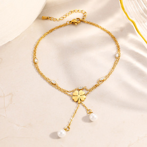 Fashion <b>Anklets</b> <b>Gold</b> Plated Stainless Steel Four Leaf Clover Pearl Pendant Party Jewelry Foot Ornaments JL51064 - Product Image 2