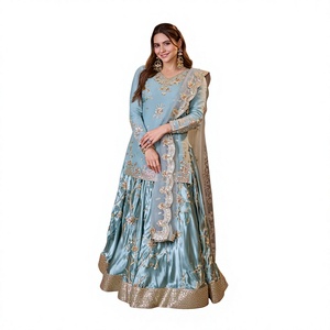 Elegante Vestido Anarkali Salwar Kameez de Seda Azul Claro con Bordado Dorado para Mujer, Ropa Tradicional India y Pakistaní para Bodas - Product Image 1
