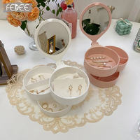 Miroir de maquillage rond portable personnalisé en gros, avec cadre rose, pliable, avec boîte de rangement à 3 niveaux