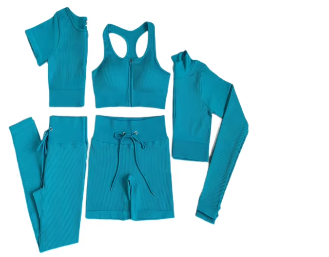 5 PCS Women's High-Waisted Hip Lift Yoga Set Tight-Fitting Nude Activewear Button Breathable Plaid Elastic Waist for Outdoor