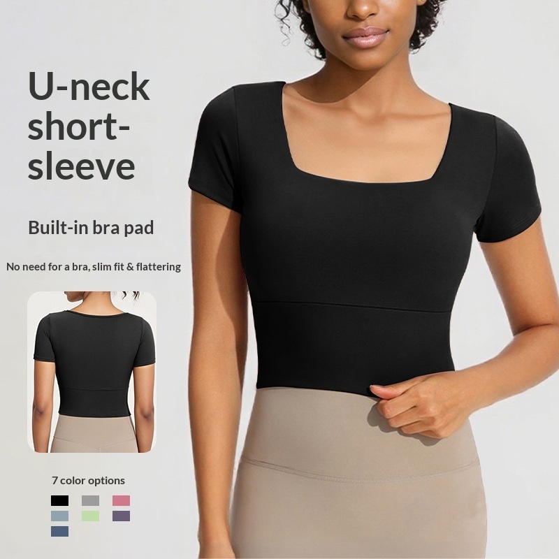 Women's Yoga Short Sleeve Breathable Tight Fit Running Training T-shirt with Chest Pad and Fixed One-piece Cup U-neck Sportswear