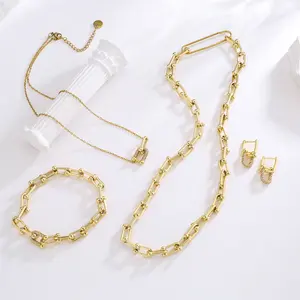 R.Gem. New Design Gold Plated Brass Zircon U Shape Necklace Earring Bracelet Sets