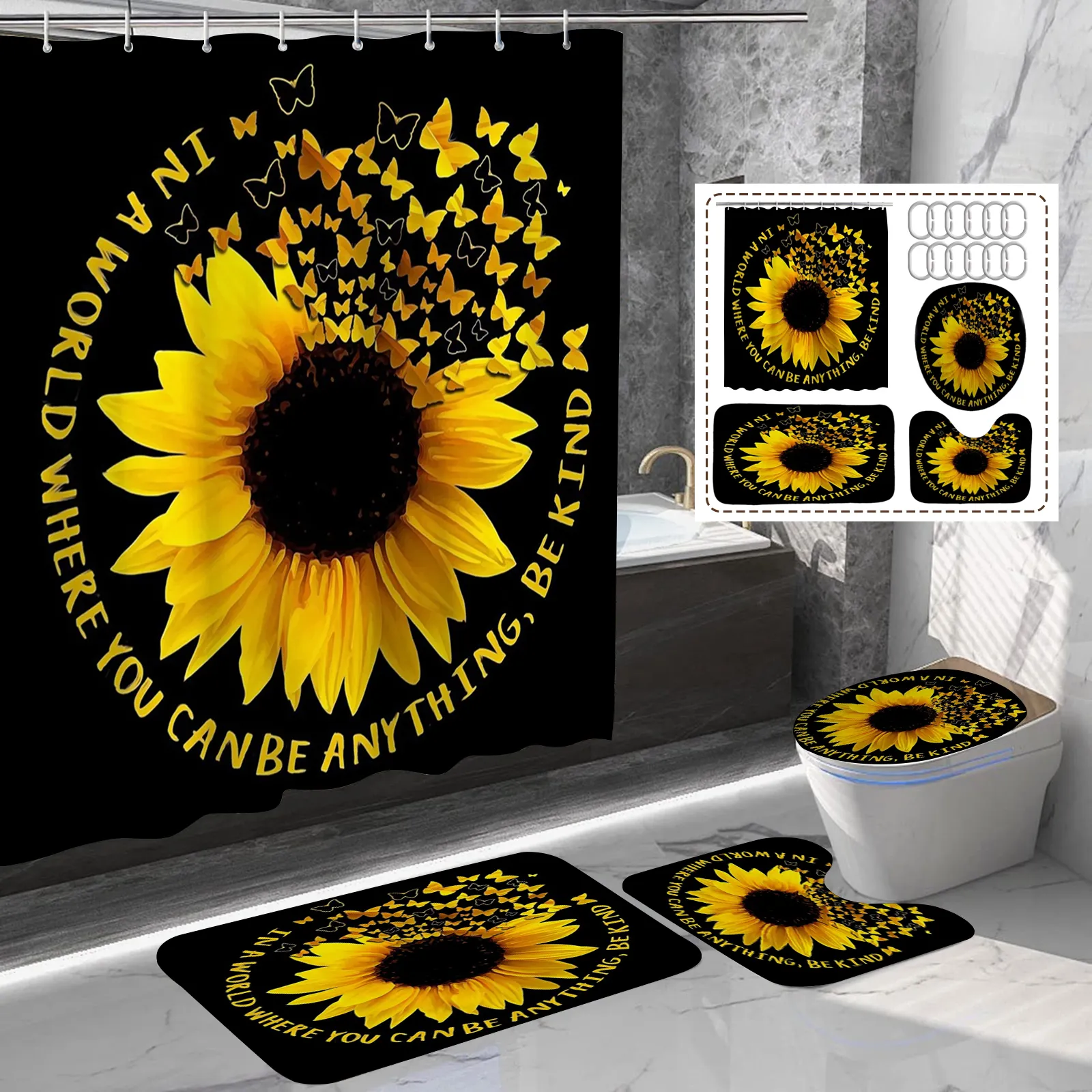 Tirai mandi 4 potong desainer poliester bunga matahari 100% mewah Set kamar mandi cetak 3d dengan tirai mandi dan karpet