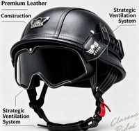 Casque de moto rétro demi-face en cuir noir solide 296 avec lunettes de protection foncées à dégagement rapide, protège-oreilles et mentonnière, taille XL, certifié 3C DOT