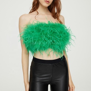 <span class=keywords><strong>Haut</strong></span> court sans manches en plumes d'autruche roses véritables pour femme - Product Image 2